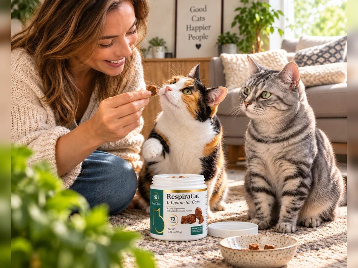 Two cats beside a RespiraCat jar