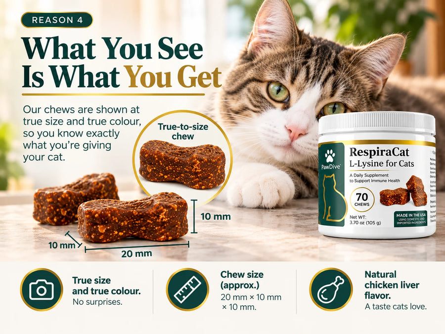 Three RespiraCat chews laid out at true size and color